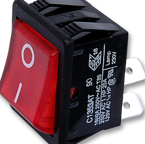Rocker Switch, Off-On, Dpst, Illuminated, Panel Mount, Red, 250 Vac, 16 A, 1350 Series